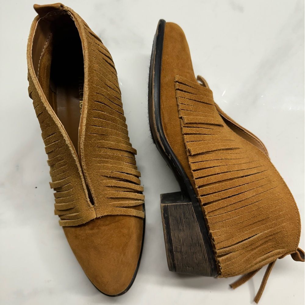 Maurices western ankle boots with suede fringe, tan slip on booties, Size 6.5